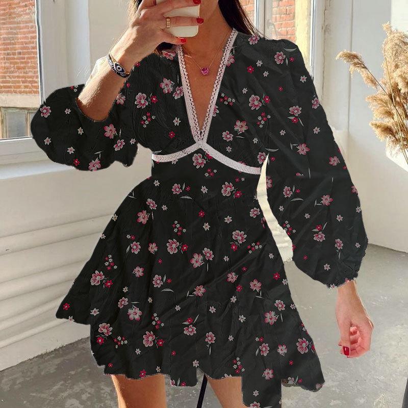 2025 Spring European & American Women's Sweet Print V-Neck Short Dress with Lace Waist