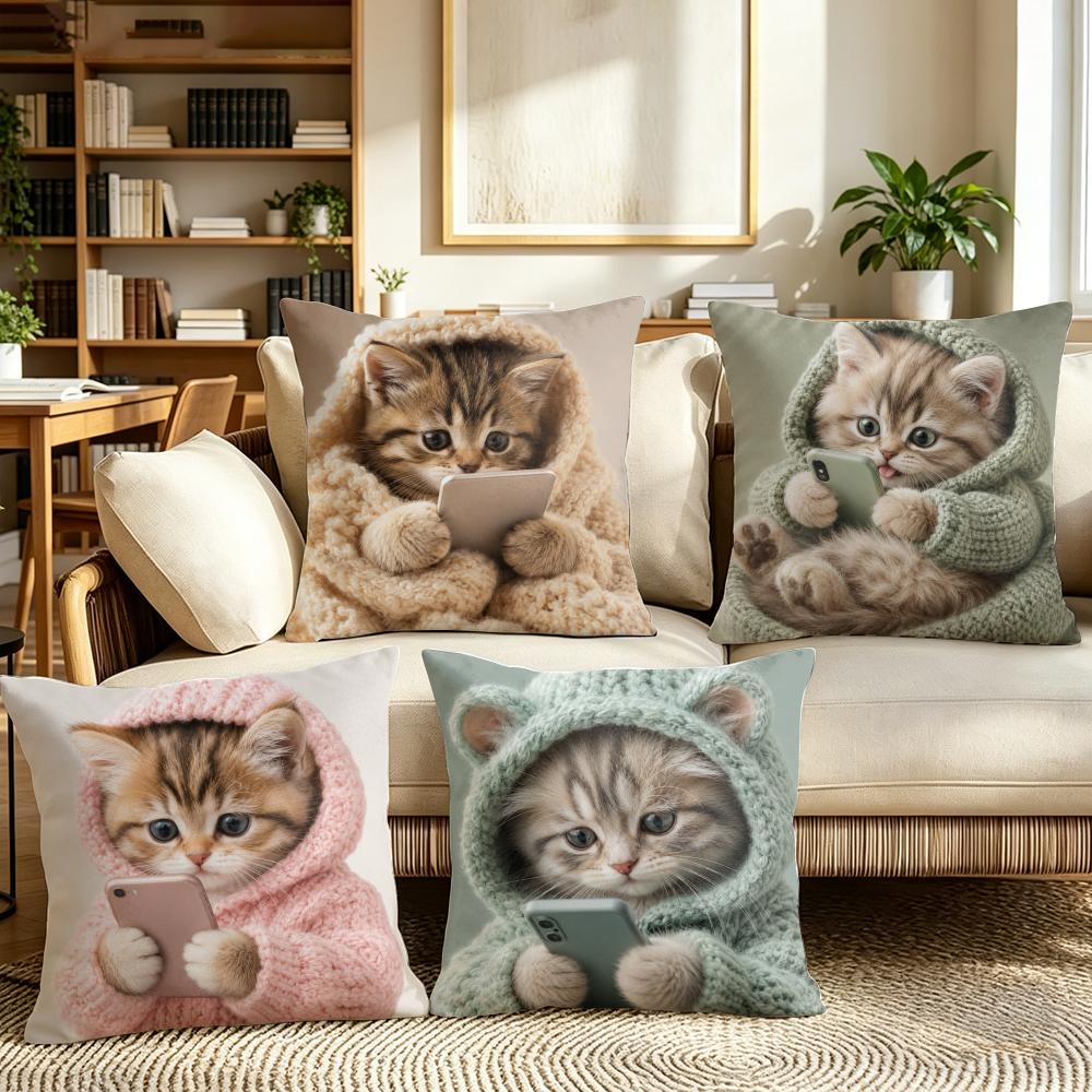 Cute Kitten in Hoodie Cushion Cover Natural Linen Organic Fabric DoubleSided Printing Sofa Home Decor Breathable Bed Pillow