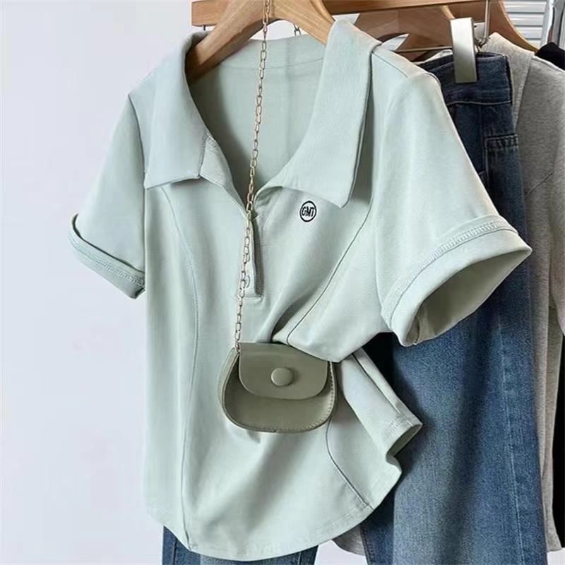 

Женская летняя хлопковая футболка-поло большого размера с коротким рукавом и свободным кроем, удобный топ XXXL зелёный