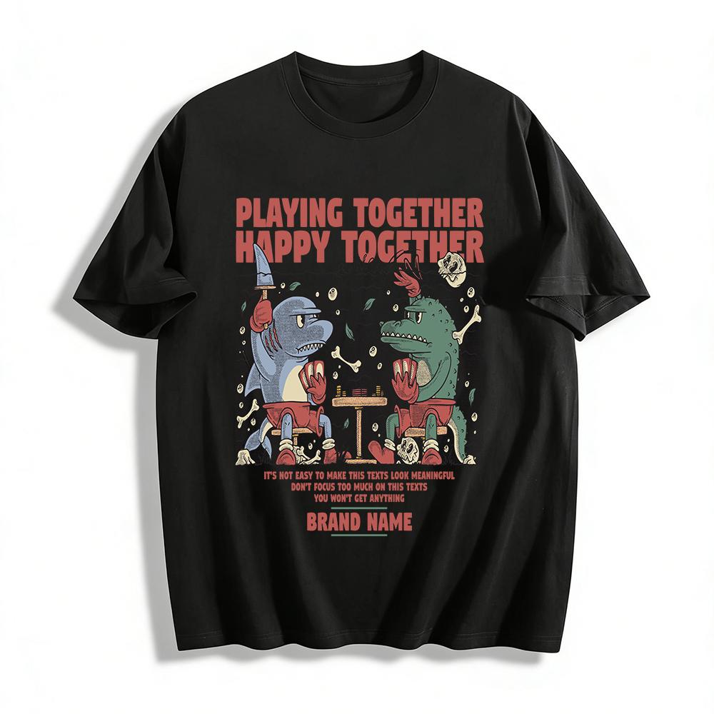 Funny Shark Crocodile Boxing & Card Playing Print T-Shirt Unisex Casual Trendy Short Sleeve Top Pure cotton T-shirt XXS