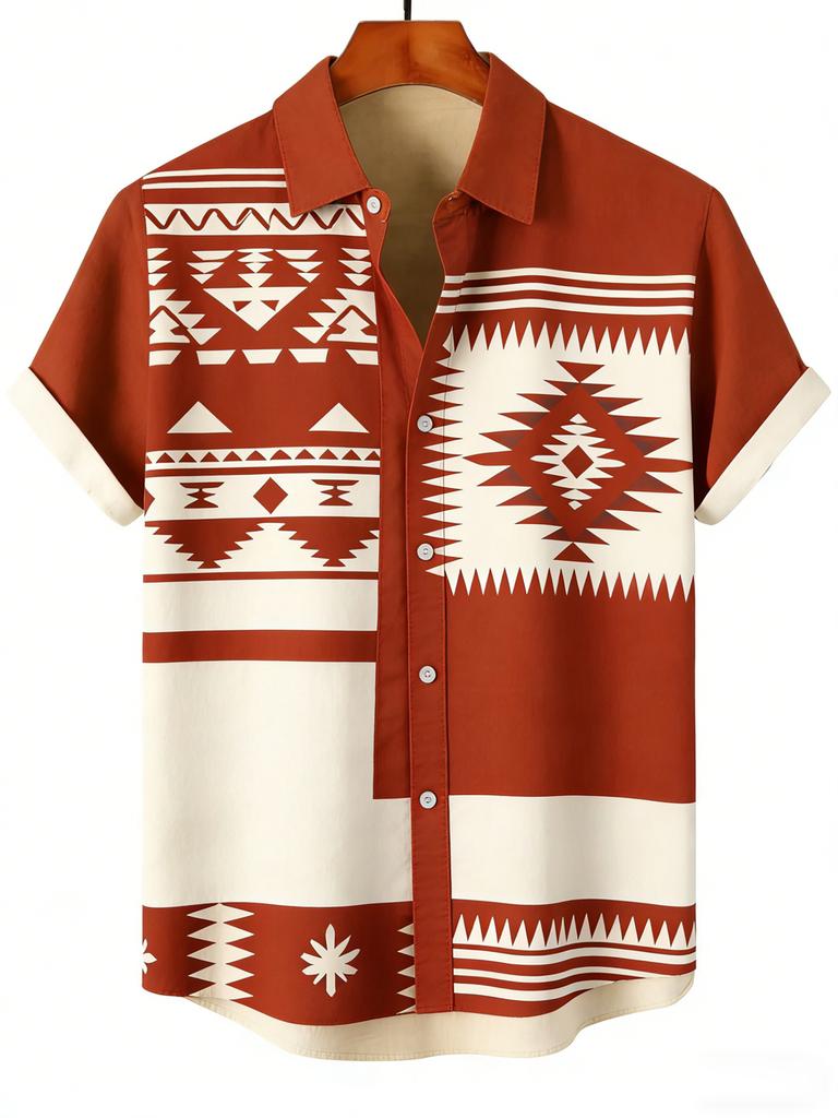 2026 Men's Summer Retro Linen Short Sleeve Lapel Shirt Indian Pattern 3D Print Hawaiian Outdoor Casual Clothes Men's Tops