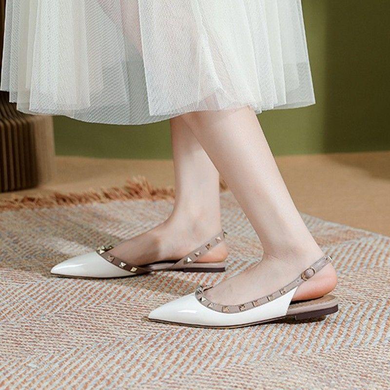Rivet Sandals 2025 New Summer Patent Leather Rear Empty Pointed Single Shoes Women's Bag Head Medium Heel Thick Heel Versatile Flat Shoes