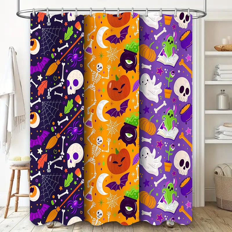 Spooky Halloween Themed Shower Curtains Purple Skulls Pumpkins Decor Set for Bathtub in Orange Ghosts Pattern 3D Printed Waterpr