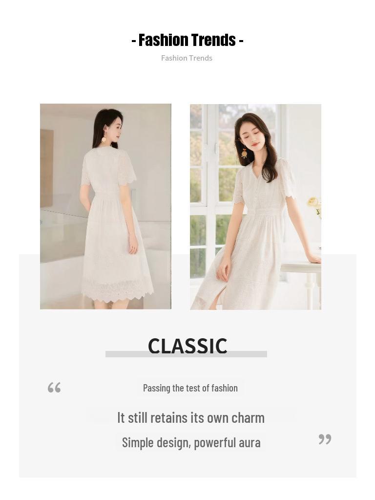 Dámské letní šaty střední délky s výstřihem do V a dutou výšivkou 2025: Literární styl, Zeštíhlující pas, Malé bílé šaty.