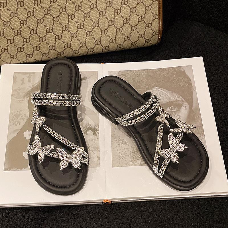 

Slippers female summer wear fairy style with skirt fashion with drill go out flat beach French beautiful sandals 40 чёрный