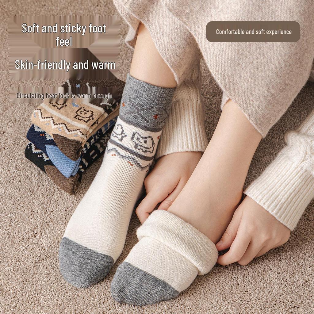 Women's Warm Fleece-Lined Fair Isle Socks - Thick Terry, Mid-Calf & Knee-High with Cartoon Design