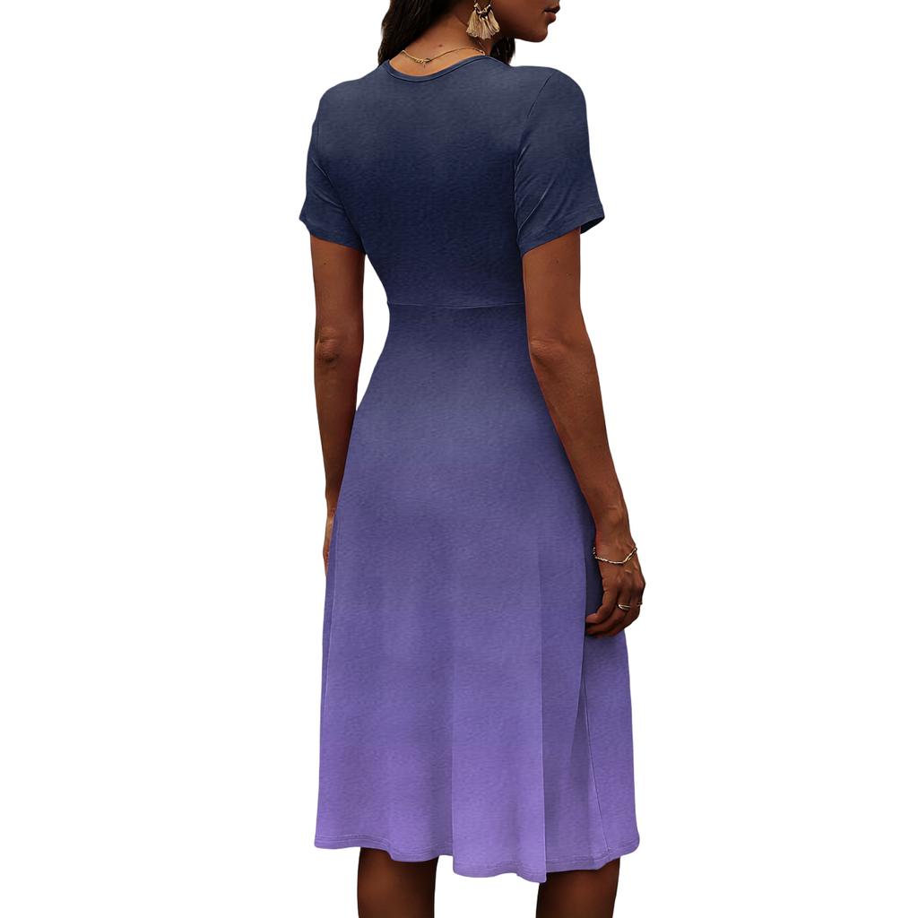 Damska codzienna modna sukienka z krótkim rękawem i dekoltem V w kolorach gradientowych