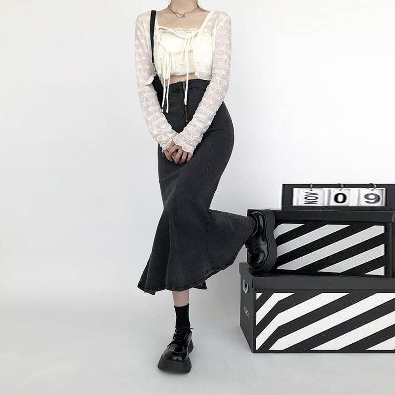 

Весенне-осенняя ковбойская юбка с высокой талией, эластичная, с разрезом, юбка-рыбка, юбка-полусолнце, женская А-силуэта, с оборками, средней длины, облегающая бедра, джинсовая юбка XL чёрный
