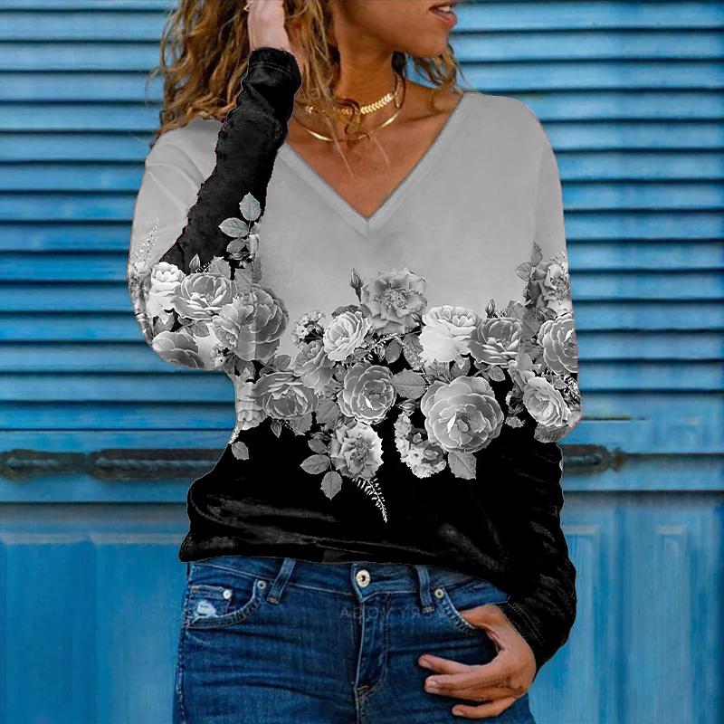 Градиентный розовый принт женские футболки женские топы с длинным рукавом V-образный