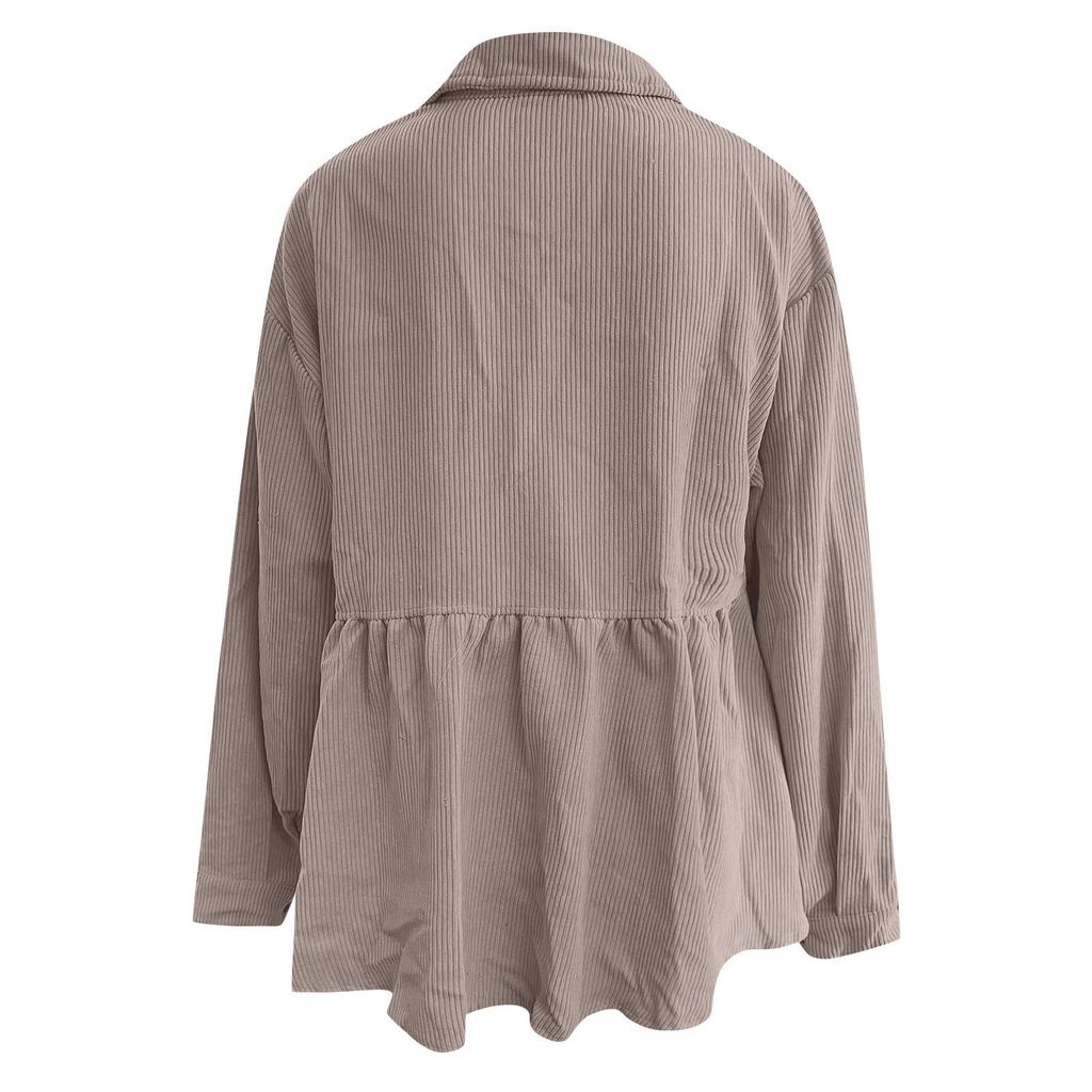 Damen Langarmshirts Freizeithemden Button-Down-Taschen Basic Rüschen Cord T-Shirts Cardigan