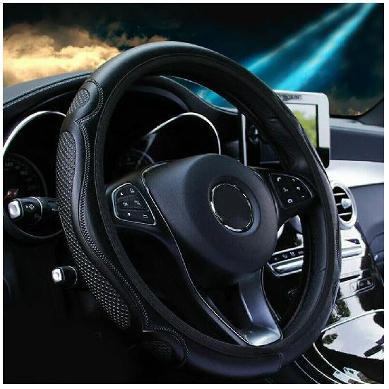 Leather Car Steering Wheel Cover Breathable Anti-Slip 15''/38cm Black Universal