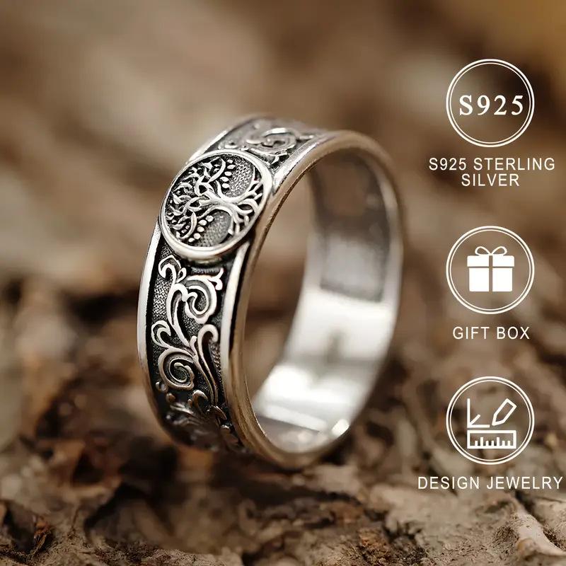 Women Vintage Tree Of Life Ring Thai Floral Carved Classic Band Daily Wear Festival Gift Jewelry