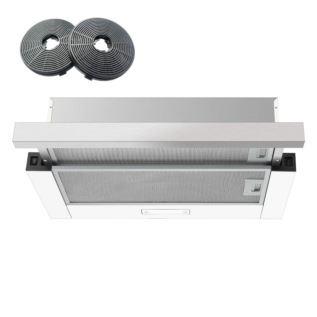 KICHPOWER 60cm Range Hood, Built-in Extractor with Recirculation/Ducted Modes, 12 M³/min, Carbon Filter, LED Lighting