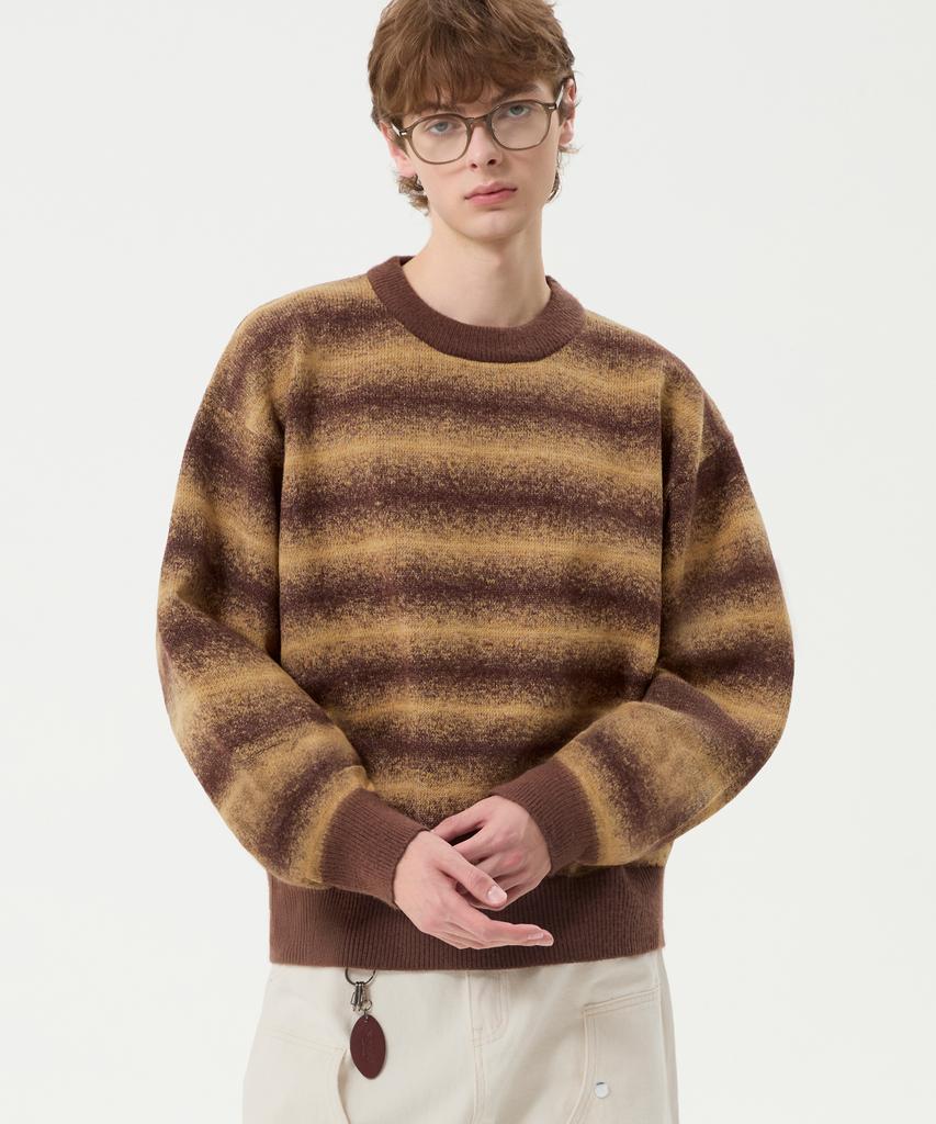 TRILLION Washable Gradient Stripe Crewneck Knit_Brown