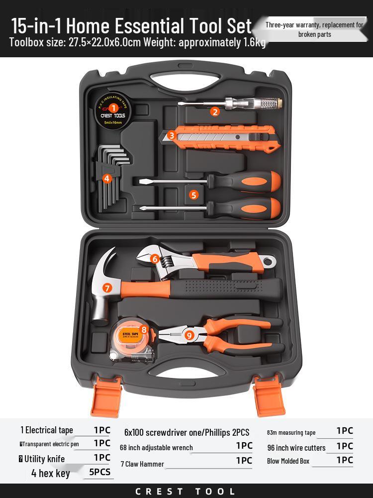 Comprehensive Home Repair Tool Kit: Pliers, Hammer, Wrench, Combination Set.