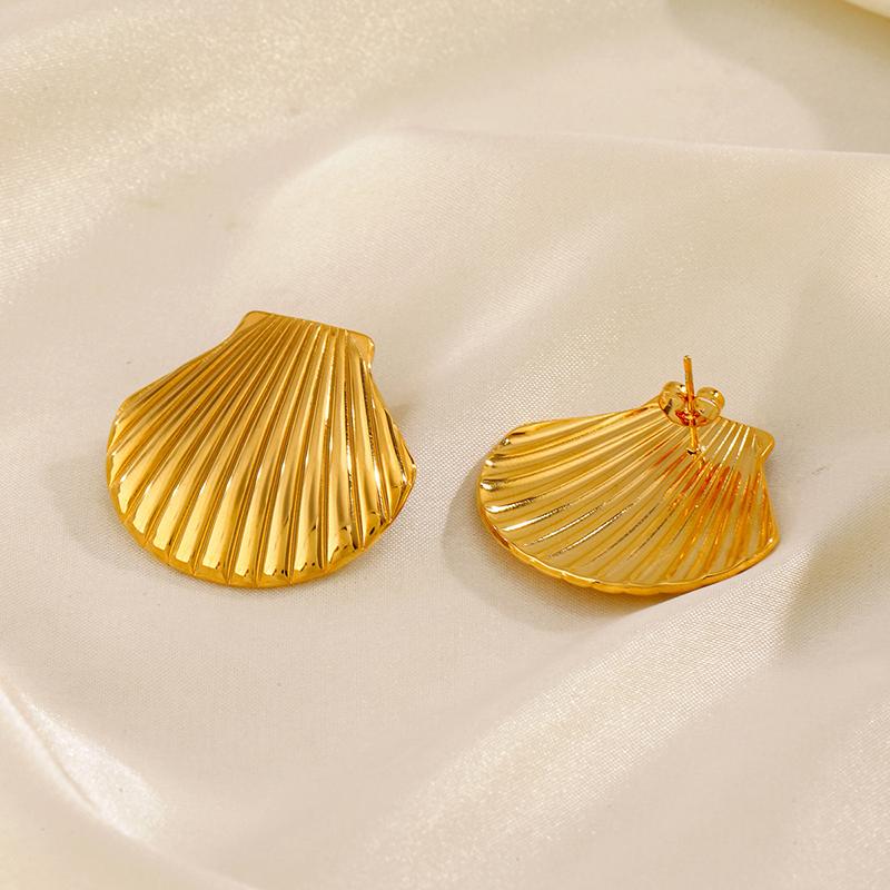 Stainless Steel Textured Shell Big Stud Earrings Distinctive 18K Gold Color Geometric Metal Waterproof Luxury Jewelry