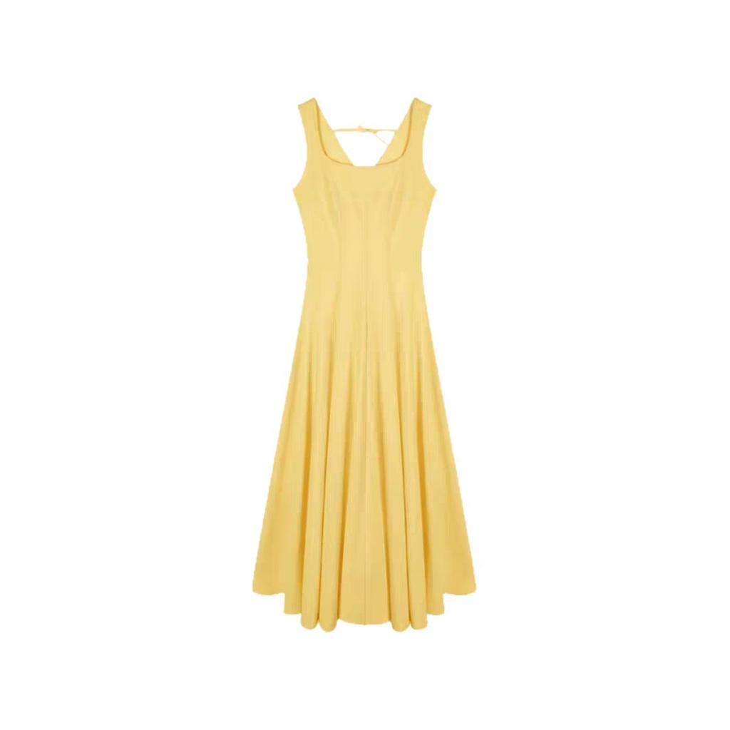 French temperament U-neck yellow suspender dress women's summer skirt waist thin big swing skirt holiday style long dress