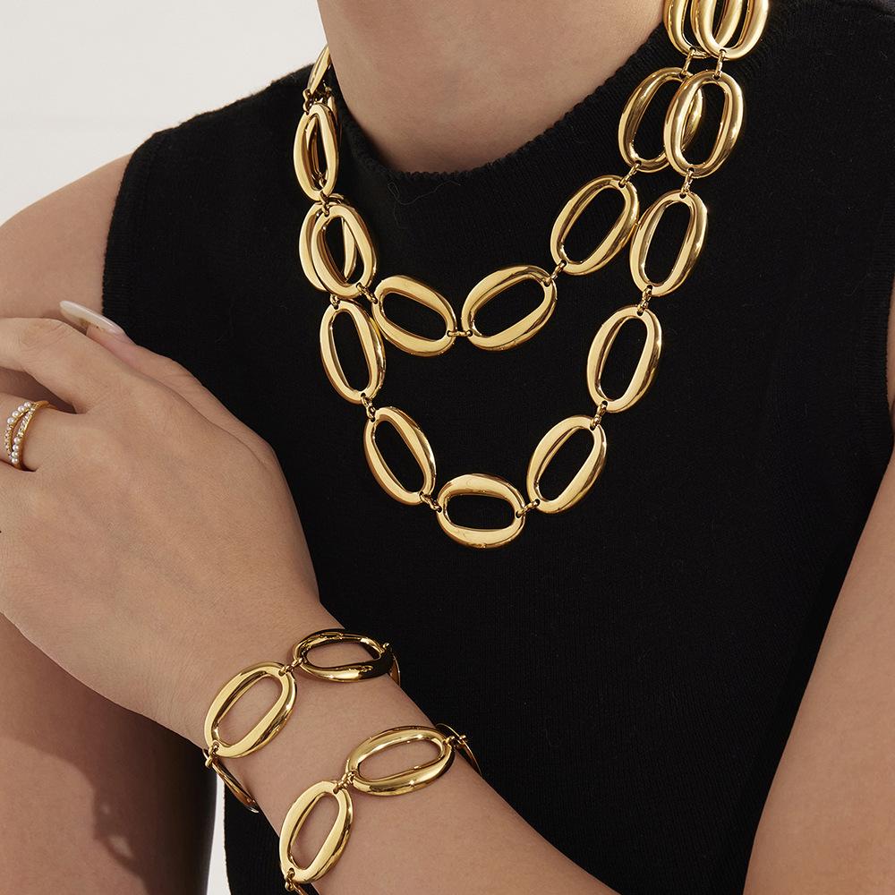 Elliptical Egg Shaped High Polished Bracelet Necklace Set Plated with 18k Real Gold, Non Fading Jewelry