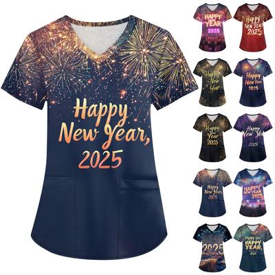 Modische Arbeitskleidung für Damen mit V-Ausschnitt, kurzen Ärmeln und bedruckten Taschen