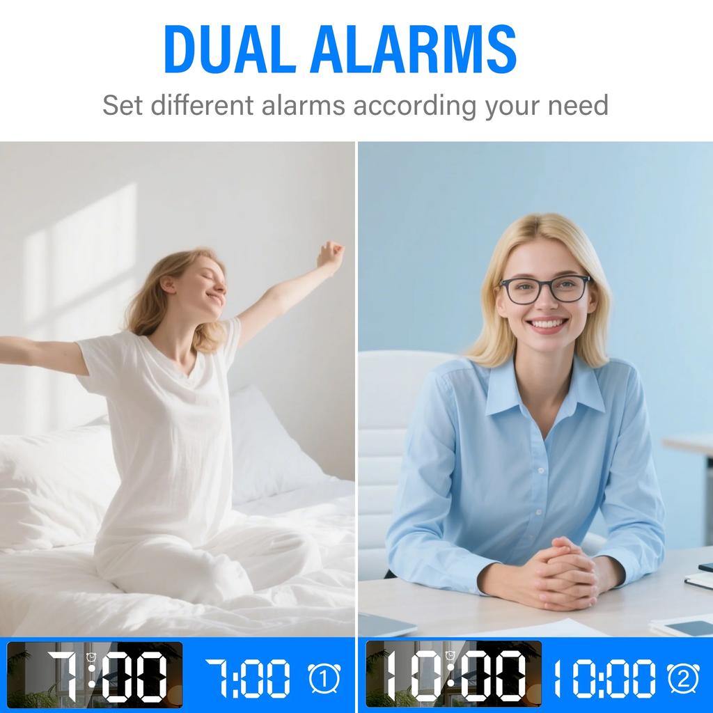 Modern LED Mirror Clock Large Display Digital Alarm Clock with Year Date Temp Adjustable Brightness Snooze Sleek Desk Clock for Bedroom Home Office