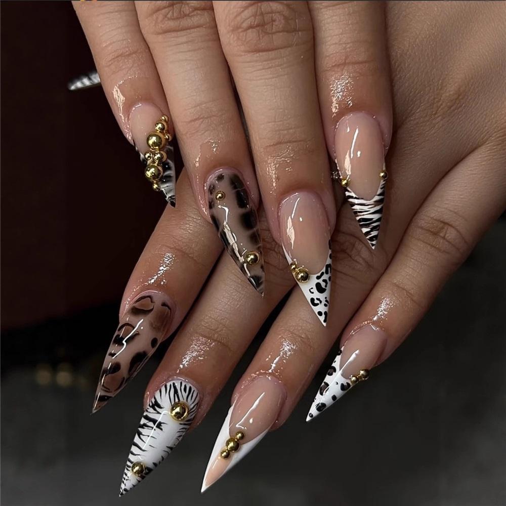 Hot Girl Mix-and-match Style Long Spiked Nails French Leopard Print Gold Steel Beads Decorated Manicure Nails