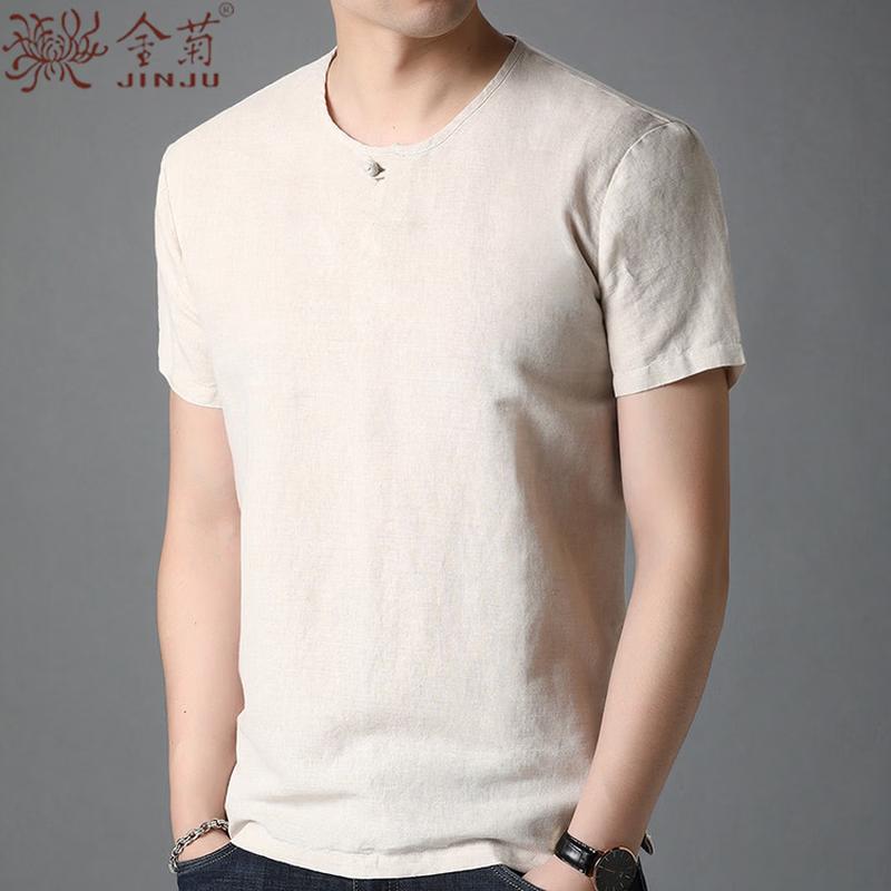 Men s Summer Cotton Linen Blend Round Neck T-Shirt 2XL