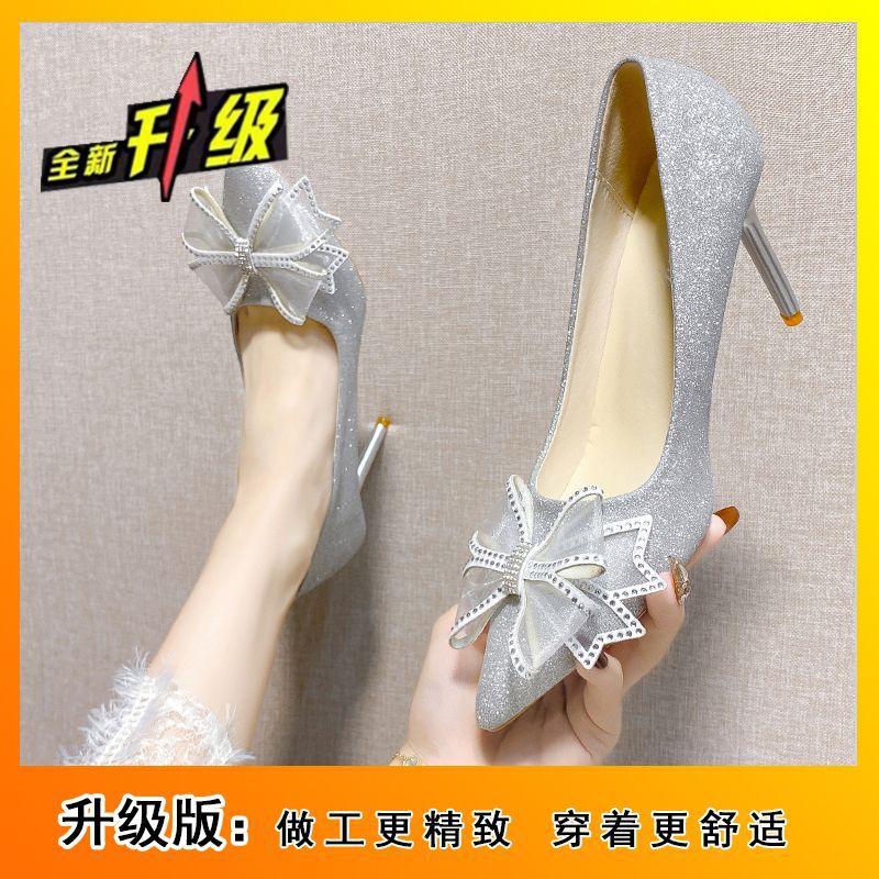 Rhinestone Celebrity Temperament Comfortable Wear-resistant High Heels 2025 Spring and Autumn New French Pointed Bow Single Shoes
