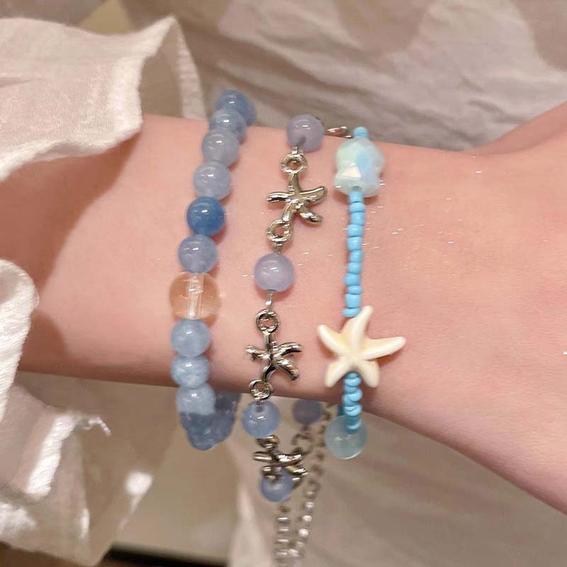 2Pcs/Set Fashion Blue Crystal Star Shell Bracelet For Women Girls Elegant Handmade Bead Chain Bracelets Best Friend Jewelry Gift