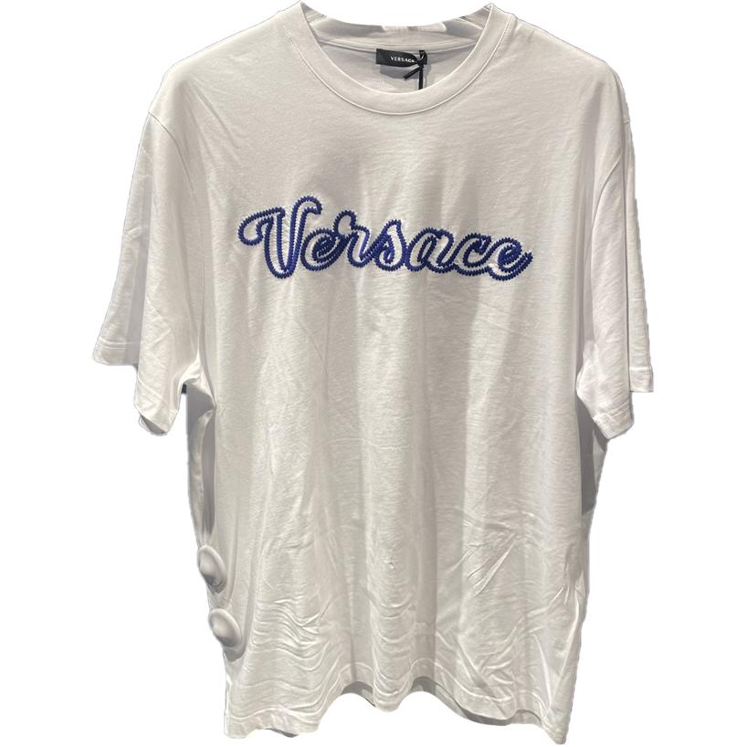 Versace Letter Logo Embroidered Crew Neck Pullover Straight Fit Short Sleeve T-Shirt Men T-shirts White 1014427-1A10254-2WM30