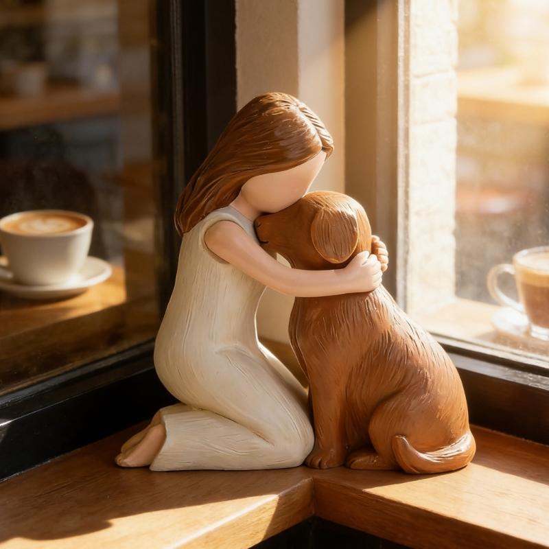 Girl Embracing Dog Sculpture Resin Miniature Statue Loss of Pet Sympathy Gift for Living Room Bedroom Display Ornament