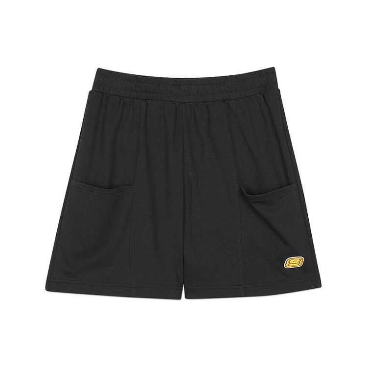 Skechers Solid Color Breathable Elastic Waist Knitted Casual Shorts Women shorts Carbon-Black L223W164-0018 S