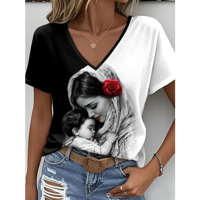 Summer V-neck 3D Flower Themed Pattern Printed Top Fashionable Casual Short Sleeved Women's T-shirts