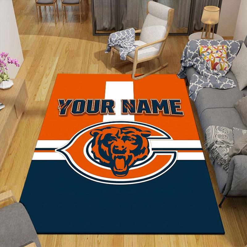 Custom Name,Chicago Bears Home Sofa Decoration for Living Room & Bedroom, Non‑Slip Play Flannel Floor Mat for Game Room