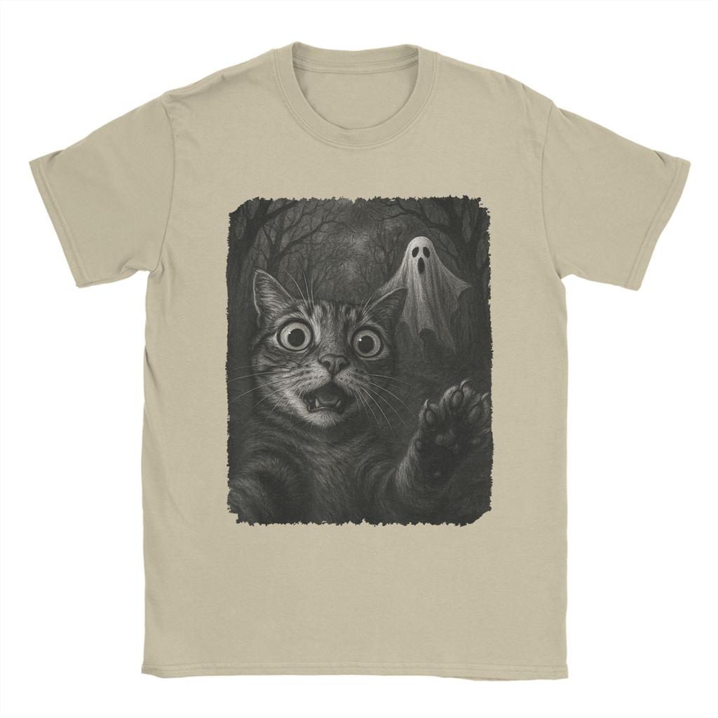 Men T-Shirt Cat Selfie with Spooky Ghost Funny 100% Cotton Tee Short Sleeve Funny Halloween T Shirts Round Neck Clothes Graphic
