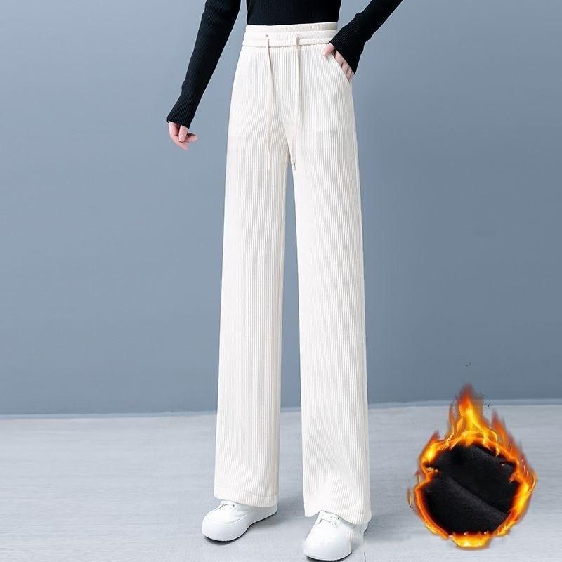 Dámské podzimní a zimní polstrované kalhoty s rovnými nohavicemi jednobarevné s vysokým pasem splývavé teplé slim ležérní kalhoty