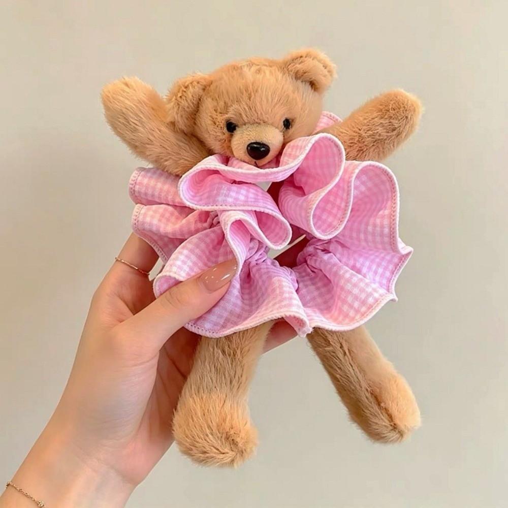 High Elasticity Plush Bear Scrunchies Cute Hair Rope Gift Plaid Ponytail Holder Daily