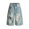 BeatStreet Vintage Ripped Denim Shorts Men Wash Distressed Knee Length Jean Shorts Loose Wide Leg Baggy Streetwear Casual Summer Jorts