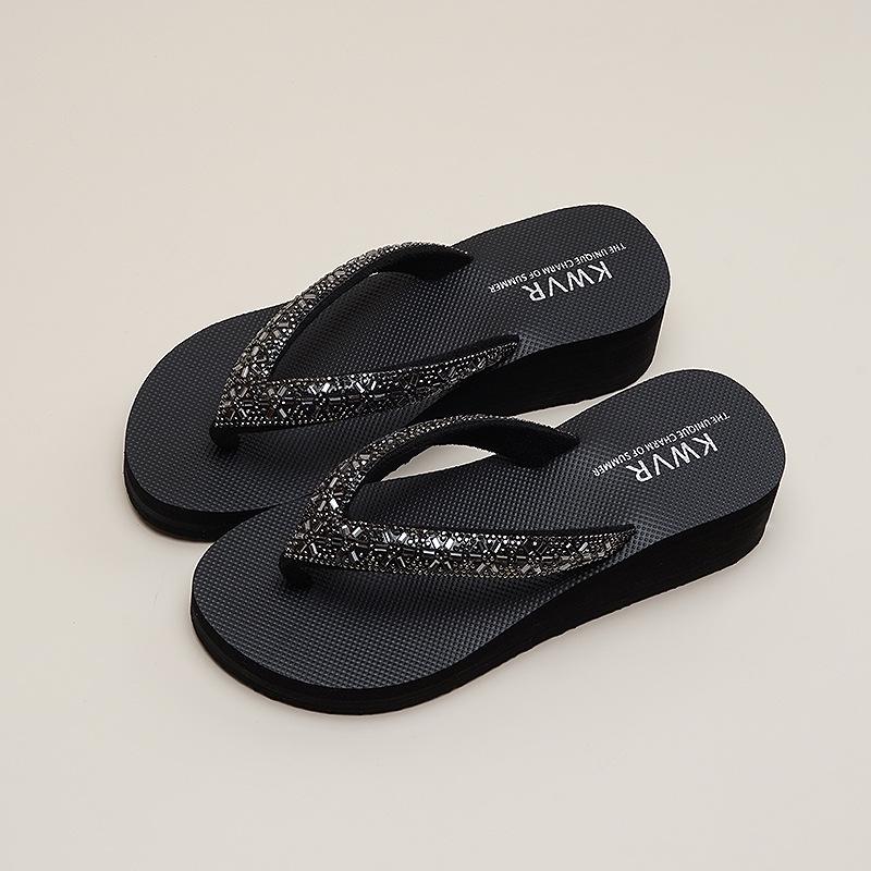 Women s Rhinestone Wedge Sandals - Stylish, Breathable Summer Beach Flip-Flops 36 чёрный