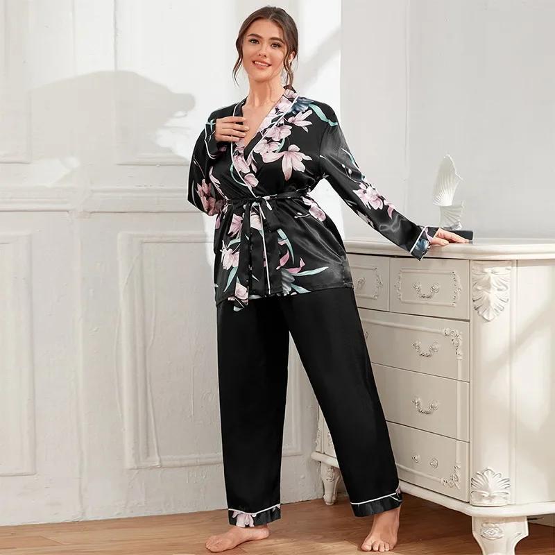 Women's Cardigan Printed Robe with Long Trouser Pajamas Set Loose Conjuntos Feminino Elegante Ladies Suits