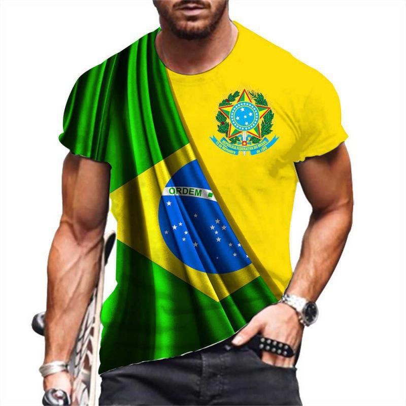 Summer Round Neck 3D Brazilian Flag Football Jersey Print Top Fashionable Casual Short Sleeved Men's T-shirts