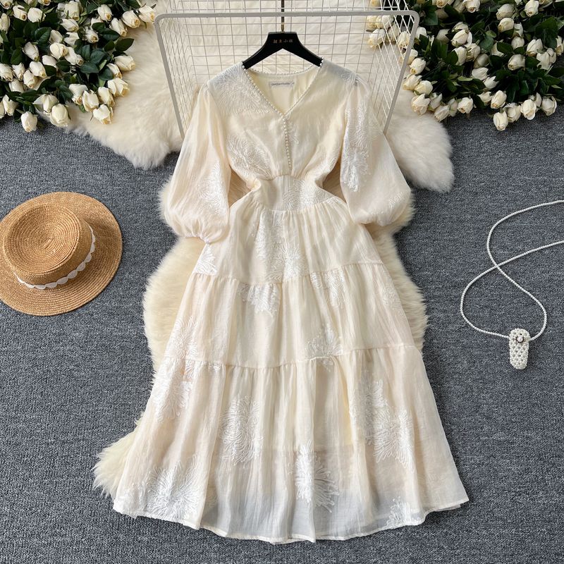 

Super Mori Dress Women s French Style Gentle V Neck Beaded Embroidery Lantern Sleeve Waist-Tight Elegant Fairy Dress Apricot XL