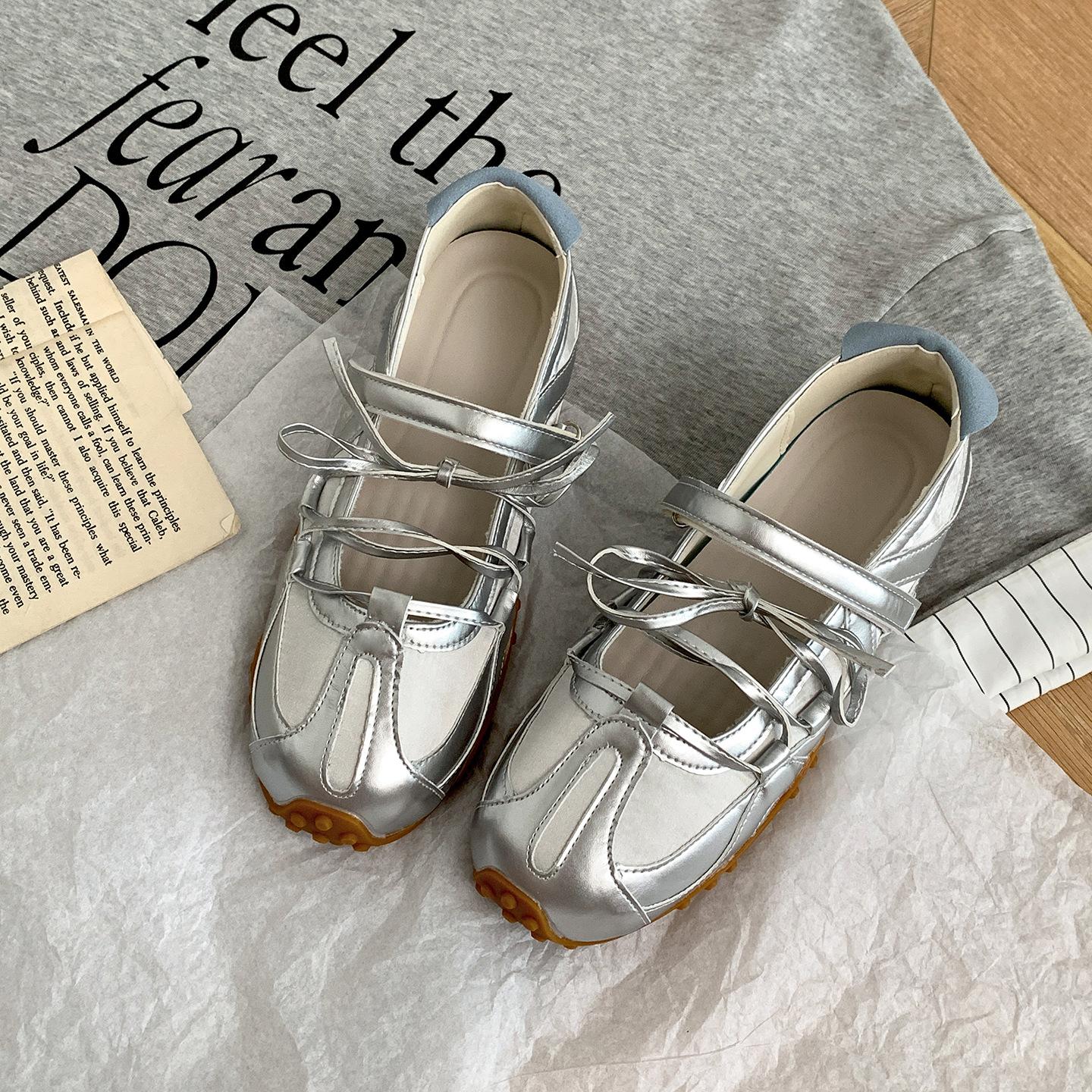 

Серебристые ретро туфли на плоской подошве с мелким вырезом, с внутренней высотой, женские летние 2025, новые балетки Мэри Джейн 40 серебряный