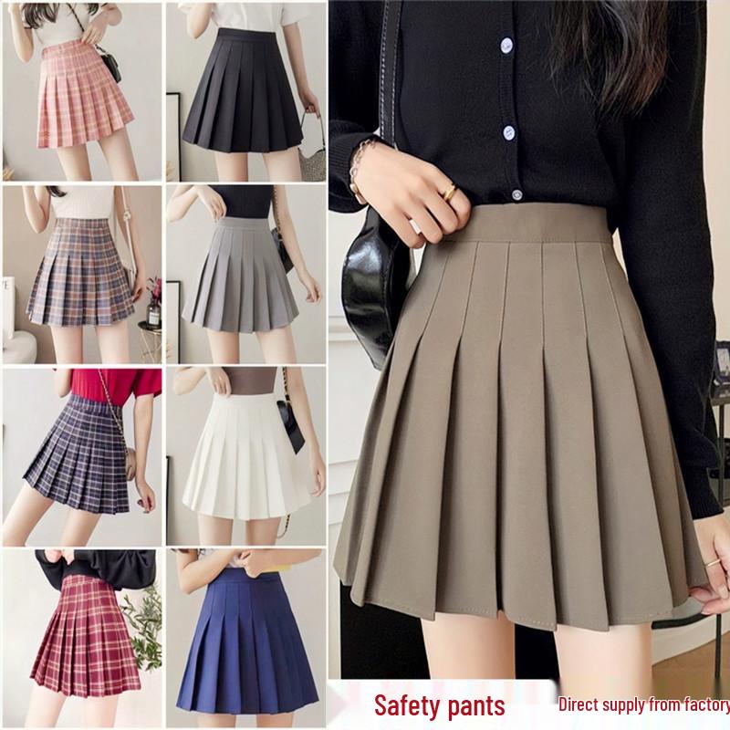 Women's Khaki Pleated A-Line Skirt - High Waist, Plus Size, School Style, Slim Fit, Autumn/Winter, Short Length.