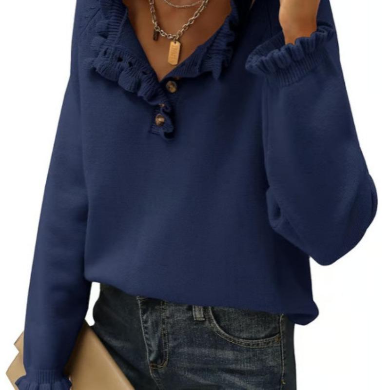 Women S Knit Long Sleeve Pullover Sweater With Buttons Ruffles