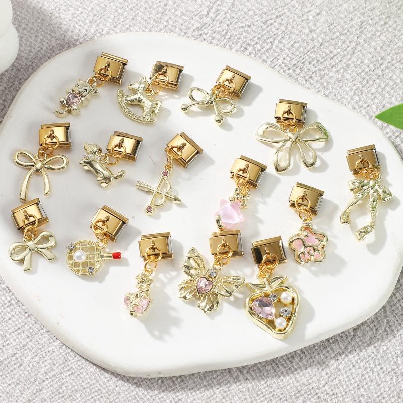 New Vintage Golden Pendant Charm Cat Butterfly Star Tennis Racket Bow Links Fit 9MM Stainless Steel Bracelet Women DIY Making