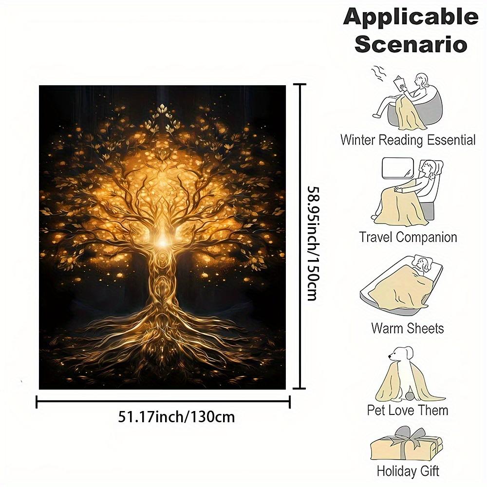 Golden Life Tree Pattern Flannel printed blanket suitable for all seasons suitable for living room office sofa and travel