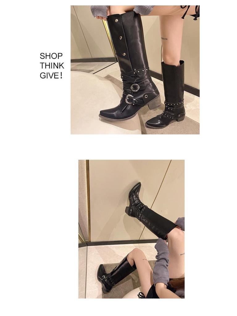 American Retro Rivet Knight Boots - Black Punk Over-the-Knee for Petite Women