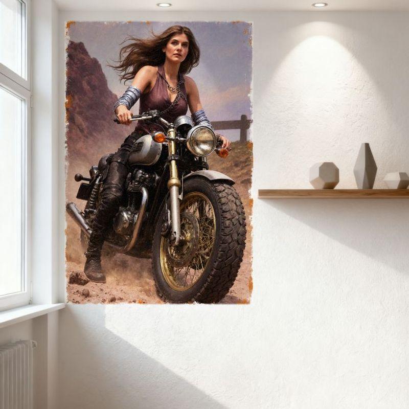 Sexy Woman Vintage Motorcycle Desert Adventure Tin Sign - Retro Metal Poster for Bar Home Cafe Wall Decor, 8x12 Inch