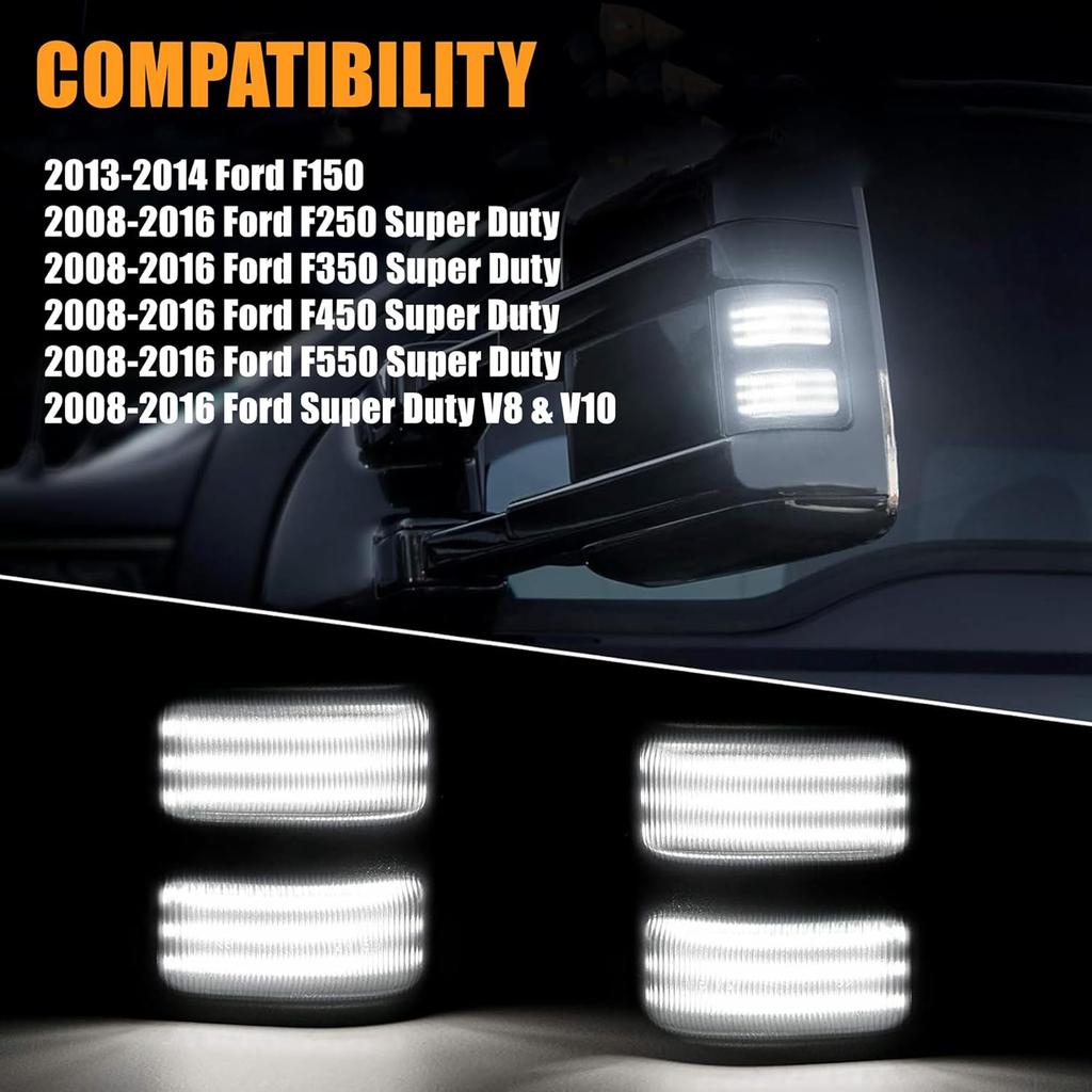 Yankok LED Side Mirror Marker Lights for Ford F150 2013-2014, F250 F350 F450 F550 Super Duty 2008-2016 Pickup Truck T10 Plug Smoked Lens White and