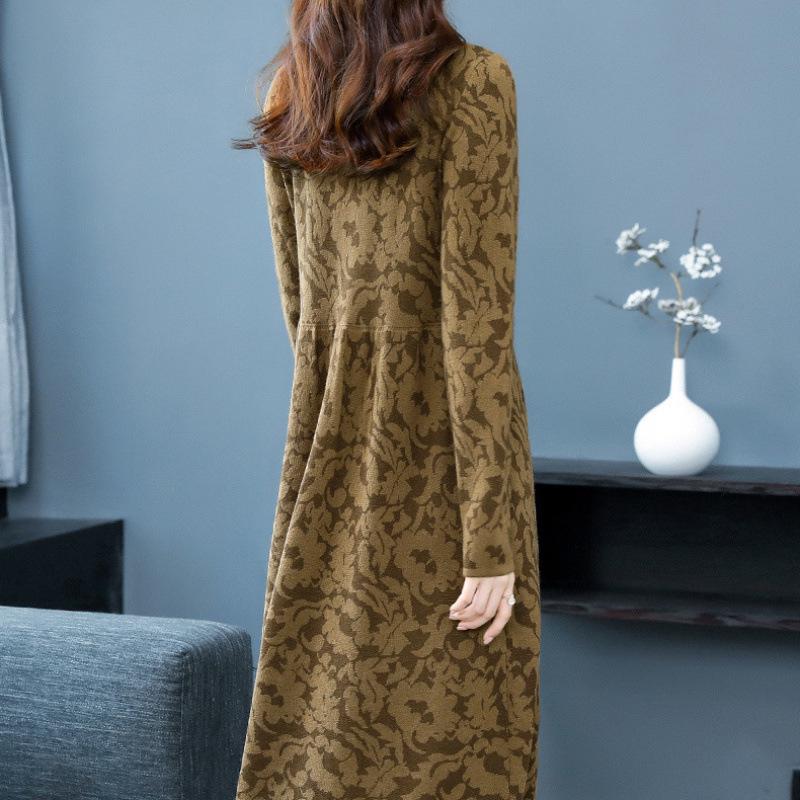 Autumn Winter 2025 High Neck Patterned Long Knit Sweater Dress